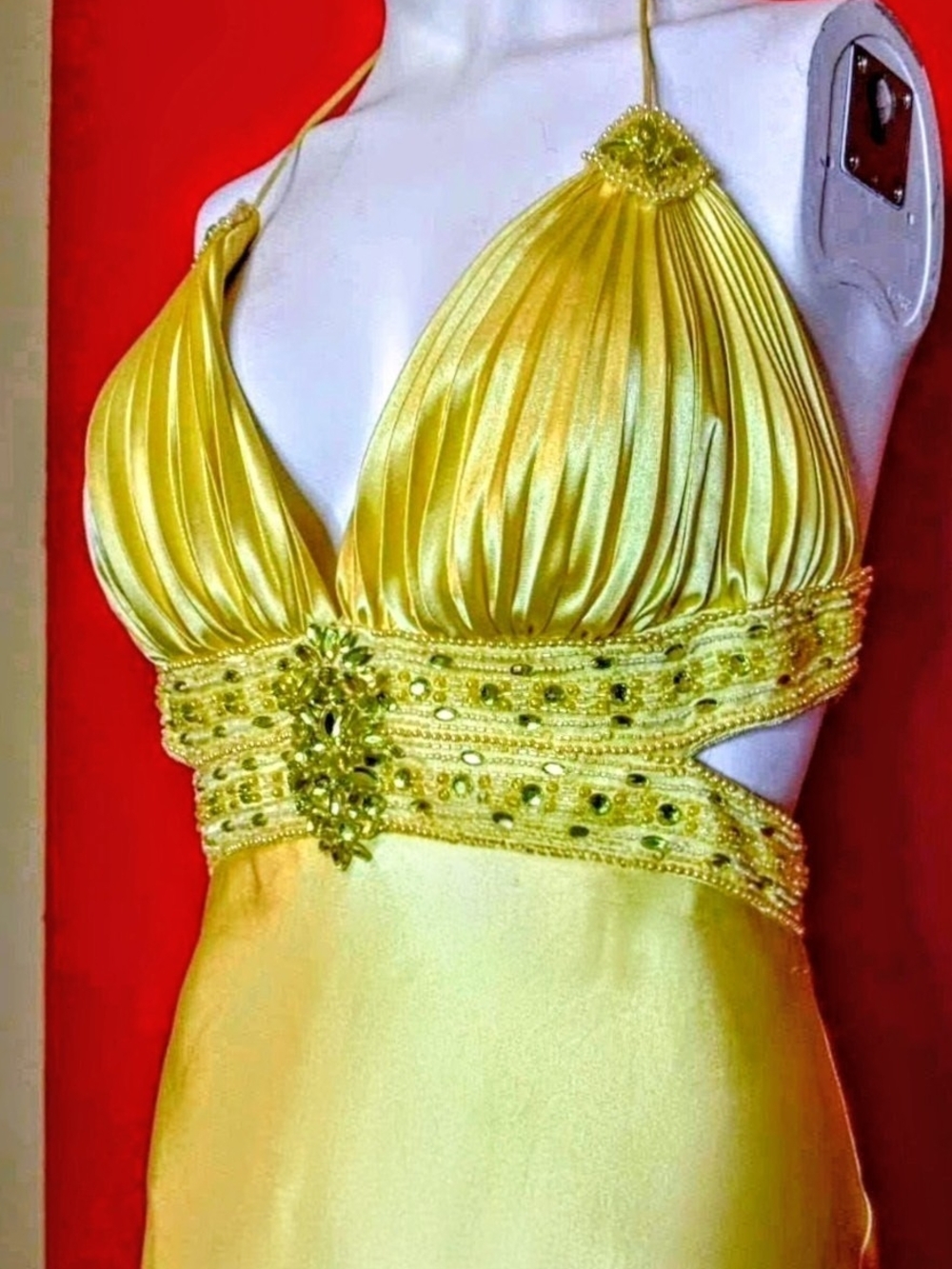 Dave & Johnny Yellow Satin Dress with Red Accent